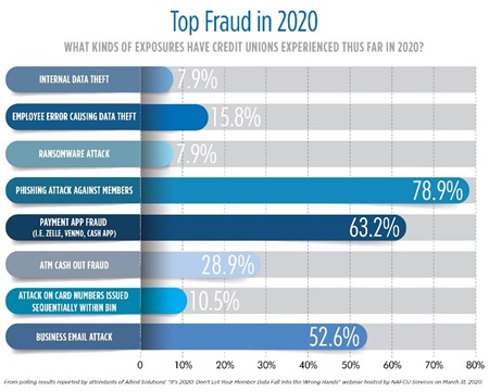 Chart showing the top fraud types credit unions have experienced in 2020.
