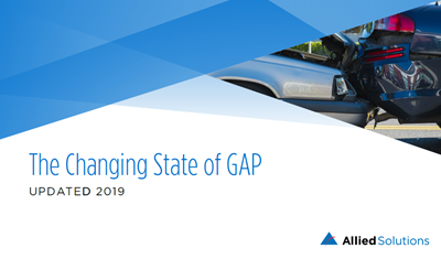 Image showing a car accident involving a vehicle running into another from behind with text reading, "The Changing State of GAP. Updated 2019". In the bottom corner of the image is small text next to company logo reading, "Allied Solutions".