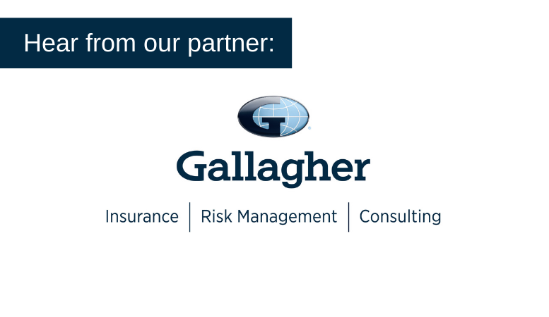 Image of Gallagher logo that is oval shaped with the letter G, with text reading, "Hear from our partner: Gallagher. Insurance, Risk Management, Consulting."