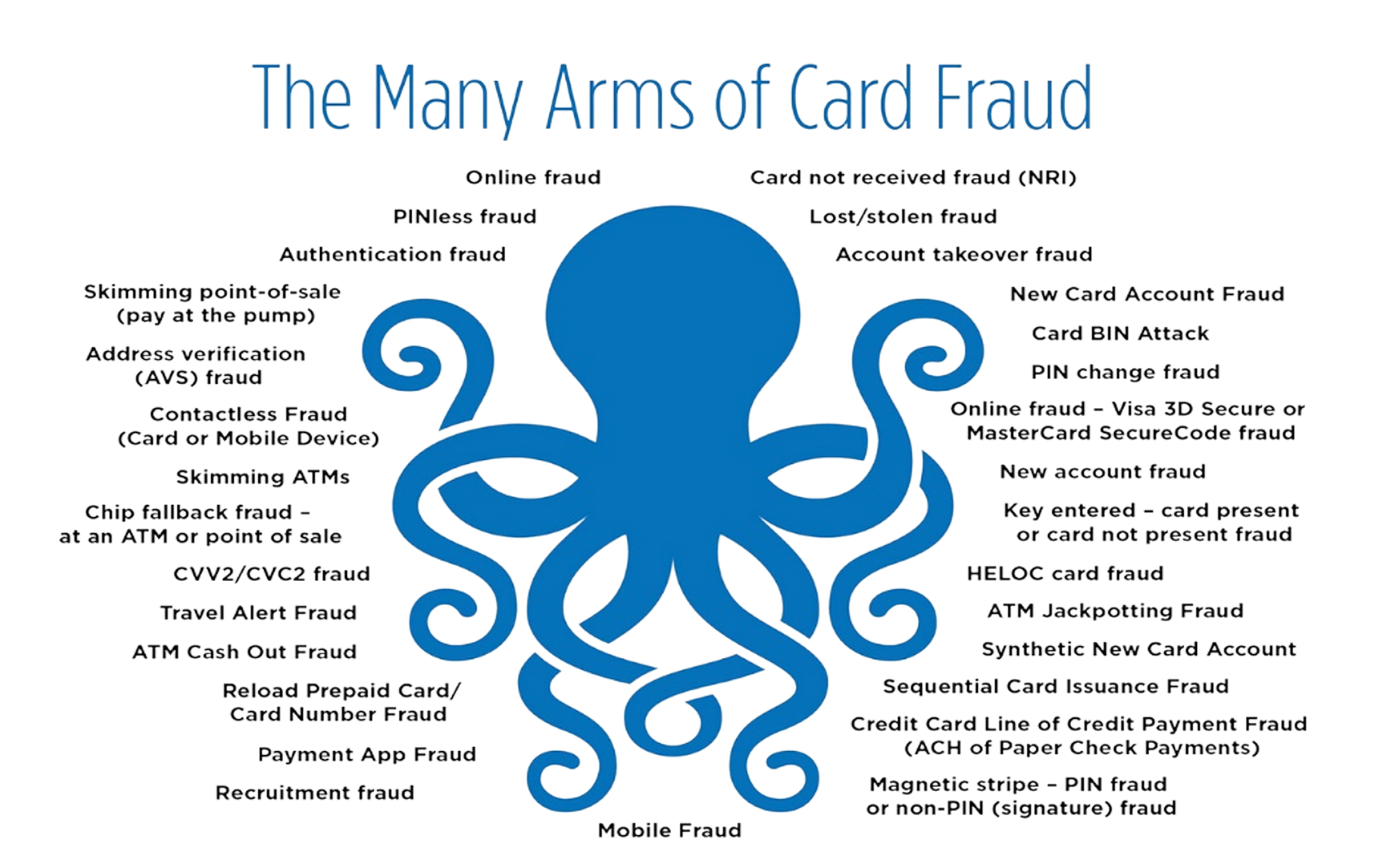 The many arms of fraud, including online fraud, PINless fraud, false authentication, skimming devices, reloading prepaid cards, account takeovers, payment app fraud, and more.